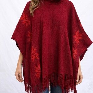Red Poncho with Fringe and Star Pattern